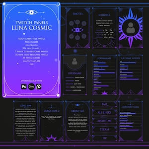 Paneles de Twitch de Luna Cósmica: totalmente personalizables, estilo cartas del Tarot púrpura y azul, controles deslizantes, Canva, Photopea