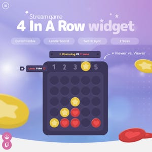 Puede incluir: Gráfico digital para un widget "4 In A Row" para juegos de transmisión. El diseño presenta un tablero de juego azul oscuro con piezas de juego de estrella amarilla y corazón rojo. El texto incluye "Stream game", "4 In A Row widget" y "Charming VS Lane".