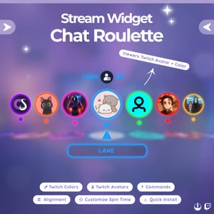 Peut inclure: Interface numérique pour un "Stream Widget Chat Roulette" avec diverses icônes d'avatar dans des cercles colorés. L'interface comprend des options pour les couleurs, les avatars et les commandes Twitch, avec le texte "Viewers Twitch Avatar + Color."