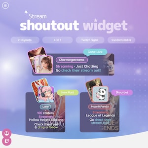 May include: A digital graphic promoting a "Stream Shoutout Widget" with a purple and white gradient background. The image features examples of streaming profiles, including "Charmingstreams" and "MoonlitPanda", with the text "Go check their stream out!!"