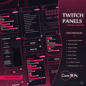 Gothic Shadow Customizable Panels • Goth themed Panel Template Set, Dark minimal themed, canva, photopea template panels for Twitch Streams