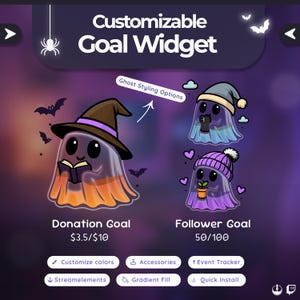 May include: A digital graphic promoting a "Customizable Goal Widget" with three cartoon ghost characters. One ghost wears a witch hat and reads a book. The other two ghosts wear a beanie and a nightcap. The image includes text for "Donation Goal" and "Follower Goal."