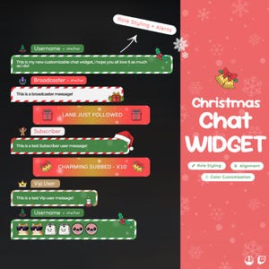 Peut inclure: Graphique numérique promotionnant un widget de chat de Noël. L'image présente des boîtes de messages de chat avec des motifs festifs, notamment des chapeaux de Père Noël et des boîtes cadeaux. Le texte comprend "Role Styling + Alerts" et "Christmas Chat WIDGET".