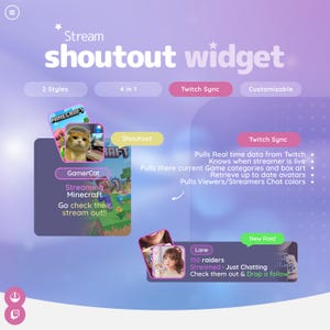 May include: A digital graphic promoting a "shoutout widget" for streamers. The design features a cat with headphones, Minecraft graphics, and a woman streaming. Text includes "Twitch Sync" and "New Raid."