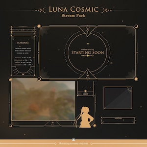 Luna Cosmic Stream Pack für twitch| Tarotkarten, Twitch Overlay, Schwarz Gold, Astrologie, Celestial, Animiertes Overlay