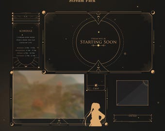 May include: A black and gold Twitch stream overlay with a cosmic theme. The overlay includes a schedule, a chat box, a new raid alert, and a "Stream will be starting soon" banner.