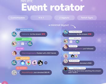 Twitch Events Rotator Widget | Stream Alerts overlay for Raids, Events, First Time chatter | Minimalist Design for OBS, Streamelements