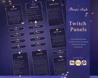 Blissful Night Customizable Panels, canva, photopea, Purple Themed Overlays , Aesthetic, Butterfly, Twitch Panels, for Streamers,