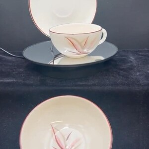 May include: A cream-colored teacup, saucer, and bowl set with a delicate pink and red leaf design. The teacup and bowl have a matching pink trim. The set is displayed on a black surface, showcasing the vintage style of the tea set.