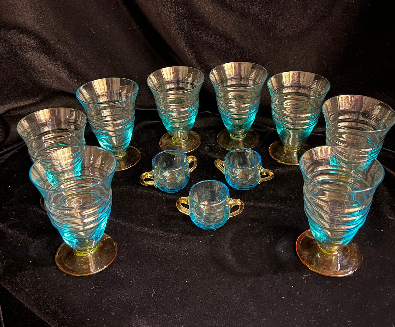 Morgantown glass footed tumblers and small liqueur glasses. Sunrise blue with amber accents. Gorgeous. FREE SHIPPING.