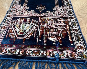 Traditional Islamic Prayer Rug with Mihrab – Blue, Multicolor Patterns. FREE SHIPPING.