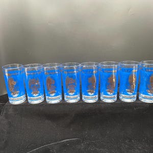 Midcentury, Hazel Atlas Topaz Blue and Gold Highball glasses (sets of 4); beautiful condition. FREE SHIPPING