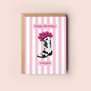 Jolie carte de voeux de cow-girl de joyeux anniversaire | Bottes de cow-boy avec bouquet de fleurs, enveloppe incluse