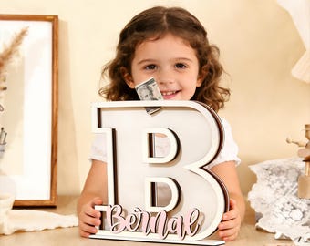 Personalized Letter Bank,Custom Wooden Initial Piggy Bank,Baby Birthday Gifts,Kids Keepsake