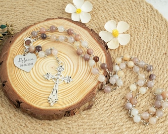 Personalized Pearl Rosary: Baptism Gift with Engraved Pendant