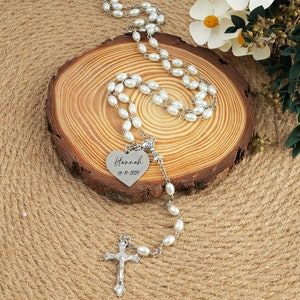 Personalized White Pearl Rosary: Baptism Keepsake with Engraved Heart