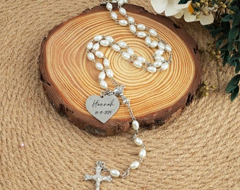 Personalized White Pearl Rosary: Baptism Keepsake with Engraved Heart