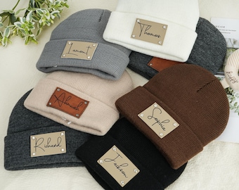 Personalized Baby Beanie: Custom Name Leather Patch, Infant Hat