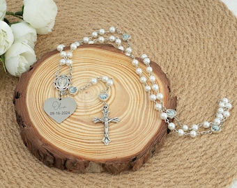 Personalized Rosary: White Pearl Beads, Baptism Christening Gift