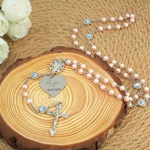 Personalized Pink Pearl Rosary: Christening Gift with Engraved Pendant
