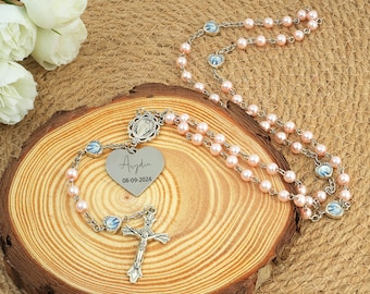Personalized Pink Pearl Rosary: Christening Gift with Engraved Pendant