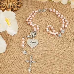 Personalized Pink Pearl Rosary: Baptism Gift, First Communion Keepsake