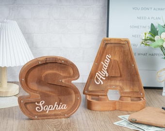 Custom Initial Wooden Piggy Bank: Personalized Alphabet Money Box