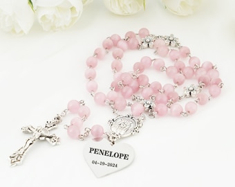 First Communion Rosary Gift for a Little Girl,Keepsake for Baptism Christening,All Ages,Pretty Pink and White,Religious Gifts,Spiritual Gift