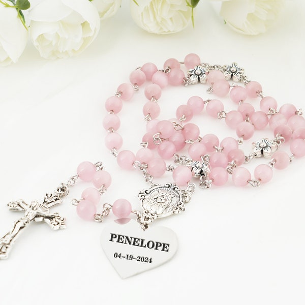 First Communion Rosary Gift for a Little Girl,Keepsake for Baptism Christening,All Ages,Pretty Pink and White,Religious Gifts,Spiritual Gift