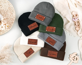 Gepersonaliseerde babymuts met leren naampatch: gepersonaliseerde muts