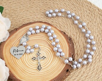 Personalized Purple Pearl Rosary: Baptism Gift with Engraved Heart