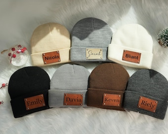Personalized Baby Beanie: Custom Name Leather Patch, Infant Hat