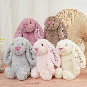Peut inclure: Six lapins en peluche de couleurs pastel variées : rose, gris, marron et crème. Chaque lapin a un nez rose et est personnalisé avec un nom sur une oreille et le chiffre 2024 sur l'autre oreille.