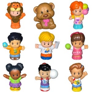 May include: Nine colourful Little People figures. The figures include a lion, a teddy bear, a girl with balloons, a boy with a blue container, a boy with a cup, a girl with a green ball, a girl with a flower, a girl with a volleyball, and a boy with a stopwatch.