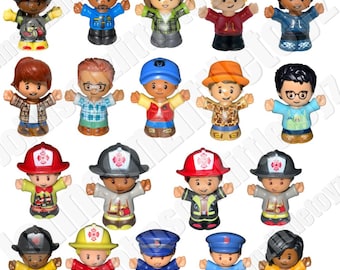 May include: A collection of nineteen small plastic toy figures with outstretched arms, featuring various characters including firefighters in red, yellow, and black helmets, police officers in blue uniforms, and individuals in casual shirts and hats.