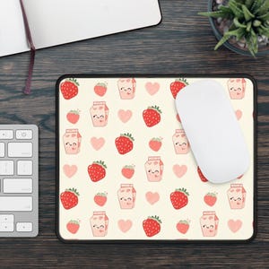 Cute Strawberry & Milk Carton Gaming Mouse Pad | Pastel Desk Decor, Gamer Gift, Cute Office Accessory, Kawaii Mousemat