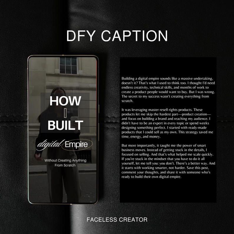 Może przedstawiać: Smartfon wyświetla tekst "HOW I BUILT digital Empire" z hasłem "Without Creating Anything From Scratch". Obraz zawiera r&oacute;wnież tekst o budowaniu cyfrowego imperium i odsprzedaży produkt&oacute;w.
