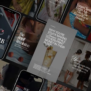 Op de afbeelding: Een collage van afbeeldingen met tekstoverlays die digitale marketingstrategieën promoten. De tekst bevat zinnen als "Waarom je vastzit met een paar centen", "De Resell Revolution" en "Je maakt digitaal marketing te ingewikkeld".