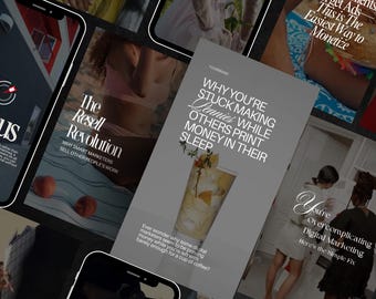 May include: A collage of images with text overlays promoting digital marketing strategies. The text includes phrases like "Why You're Stuck Making Pennies", "The Resell Revolution", and "You're Overcomplicating Digital Marketing".
