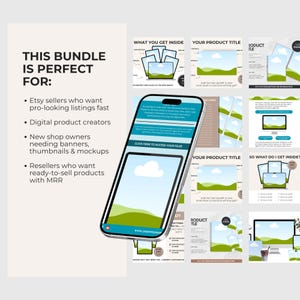 May include: A digital product bundle with mockups, banners, and templates. The image includes a smartphone displaying a website, surrounded by various product mockups and text that reads "THIS BUNDLE IS PERFECT FOR: Etsy sellers..." and "CLICK HERE TO ACCESS YOUR FILES."