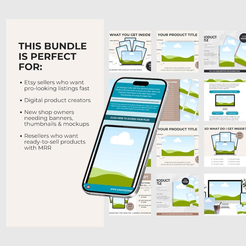May include: A digital product bundle with mockups, banners, and templates. The image includes a smartphone displaying a website, surrounded by various product mockups and text that reads "THIS BUNDLE IS PERFECT FOR: Etsy sellers..." and "CLICK HERE TO ACCESS YOUR FILES."
