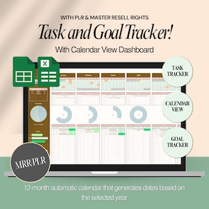 May include: A laptop screen showing a task and goal tracker with a calendar view dashboard. The screen displays a 12-month calendar, progress charts, and task and goal sections. The text includes "Task and Goal Tracker!" and "With Calendar View Dashboard."