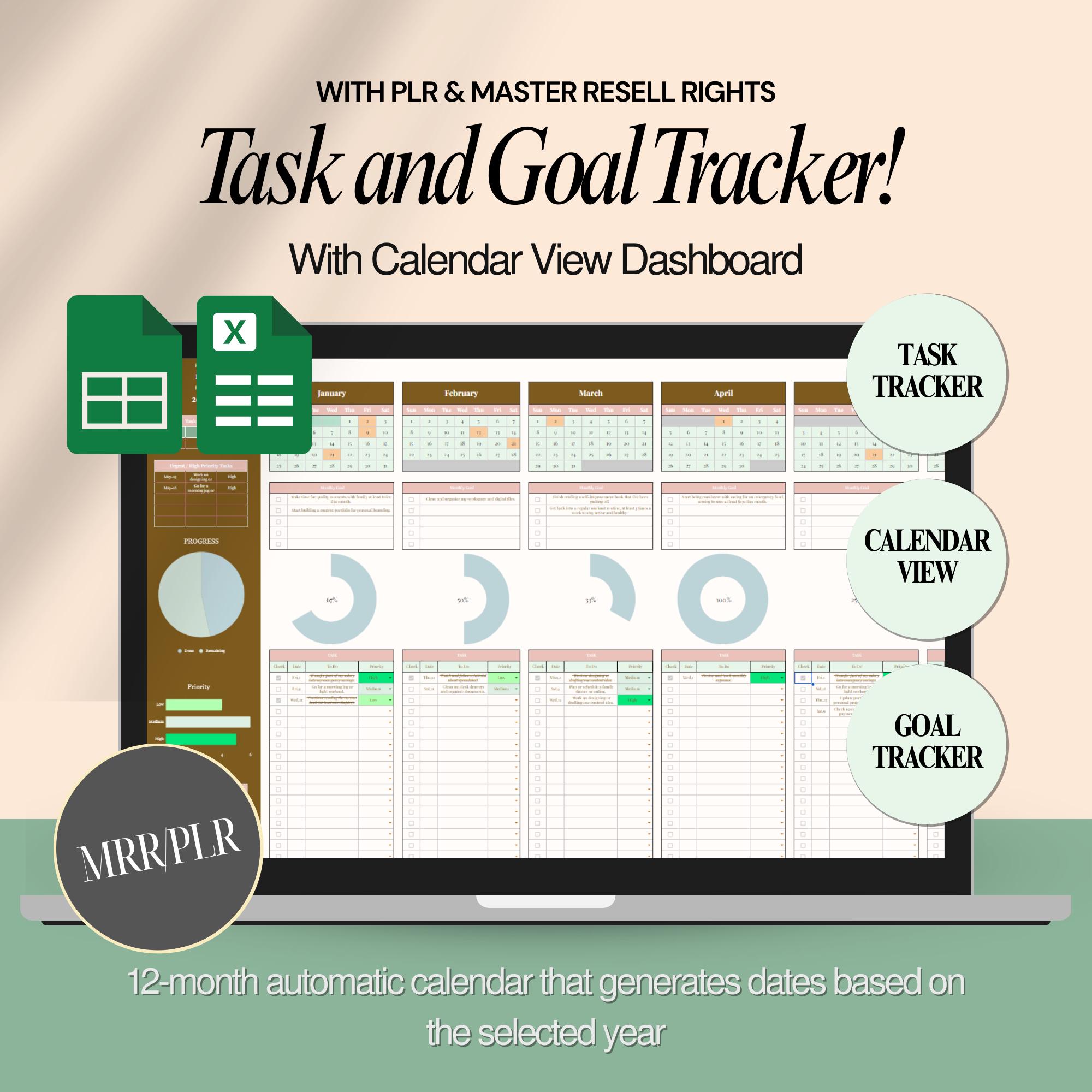 Smart Task and Goal Tracker Spreadsheet With Calendar View Dashboard ...