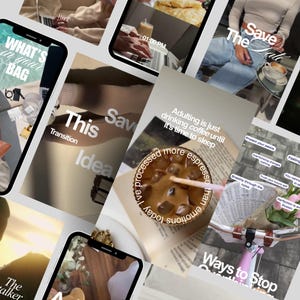 Può includere: Un collage di schermate di smartphone che mostrano vari contenuti lifestyle, tra cui caffè, computer portatili, sovrapposizioni di testo come 'What's in your bag', 'Save the Date' e 'Adulting is just drinking coffee until it's time to sleep', insieme a composizioni floreali.