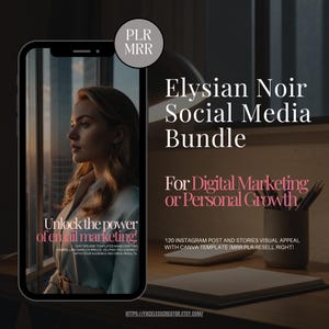 Può includere: Lo schermo di un telefono che mostra una grafica per un pacchetto di social media. La grafica presenta una donna che guarda fuori da una finestra e il testo "Unlock the power of email marketing!" La grafica include anche il testo "Elysian Noir Social Media Bundle" e "For Digital Marketing or Personal Growth".