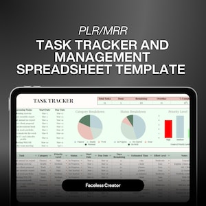 May include: A digital tablet displays a task tracker and management spreadsheet template. The screen shows charts, tables, and the text "TASK TRACKER AND MANAGEMENT SPREADSHEET TEMPLATE". The template includes sections for tasks, dates, and status.