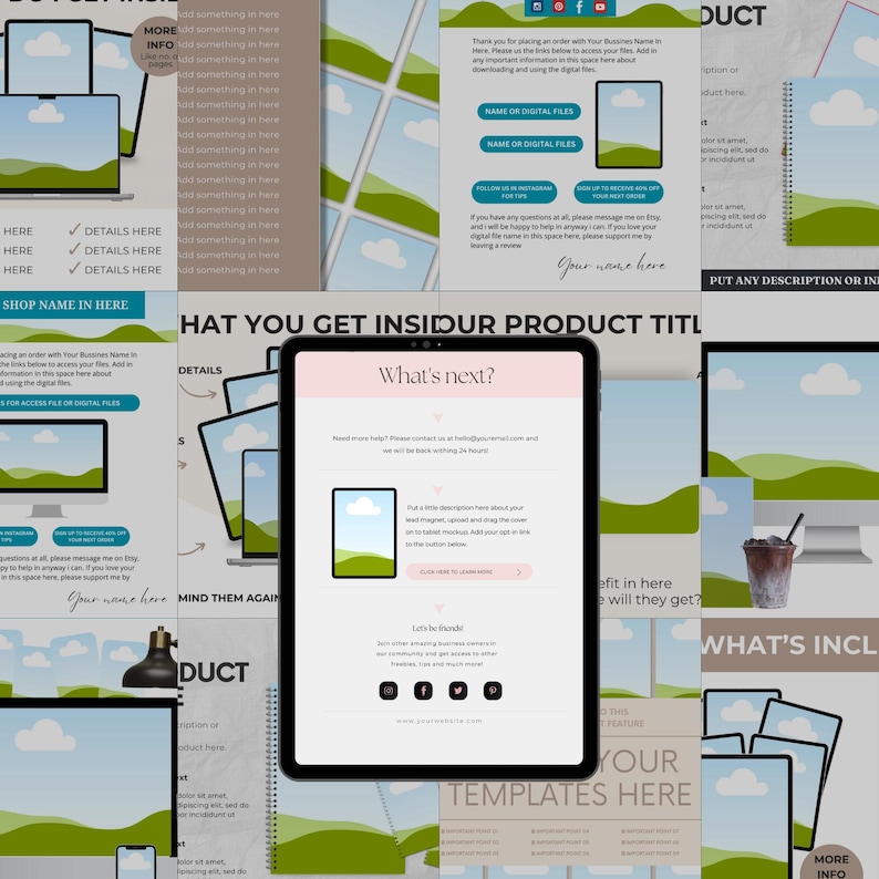 May include: A digital product mockup featuring a tablet with the text "What's next?" and other digital screens. The design includes a light pink and white colour scheme with green and blue accents. The image is designed for digital product sellers.