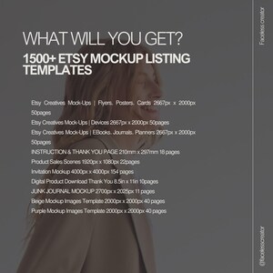 May include: A digital product listing graphic with the text "WHAT WILL YOU GET? 1500+ ETSY MOCKUP LISTING TEMPLATES." The image lists various mockup templates for flyers, devices, eBooks, journals, and more. The background is a muted grey.