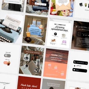 May include: A collage of digital marketing and lifestyle images. Includes a light blue typewriter, a laptop with a coffee cup, and a graphic with the text "A slow morning before the slack pings start."