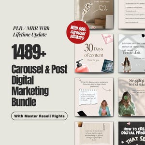 Peut inclure: Ensemble de marketing numérique avec plus de 1489 modèles de carrousel et de publications, ainsi que des droits de revente principaux. Comprend 600+ autocollants et du contenu pour 30 jours. L'image présente divers conseils et ressources de marketing numérique.